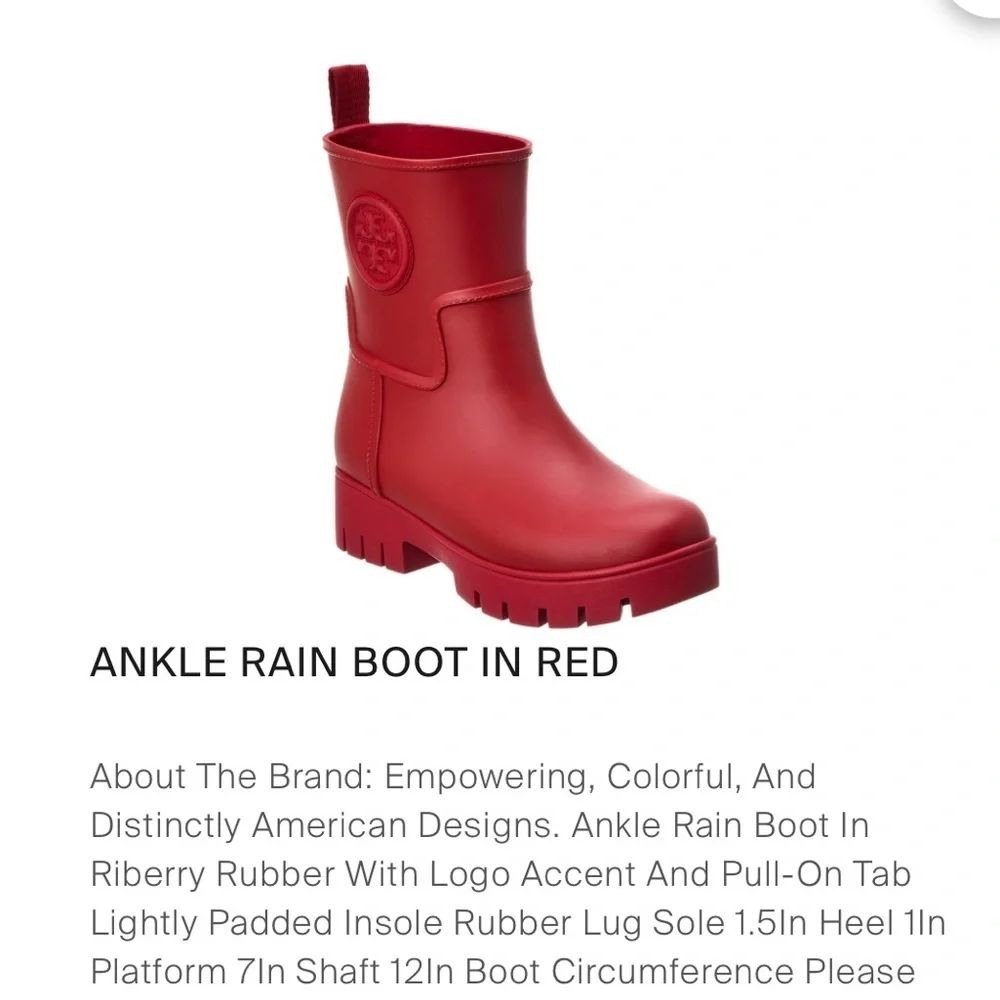 Tory Burch red ankle rain boots, new, size 7